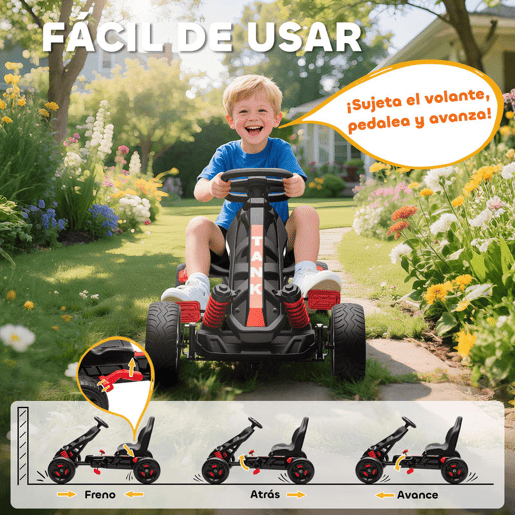 AIYAPLAY Kart a Pedais para Crianças a Partir dos 3 Anos Kart com Embraiagem Automática Travão Rodas Antiderrapantes em EVA e Estrutura Metálica Carga 50 kg 100x59x60,5 cm Vermelho