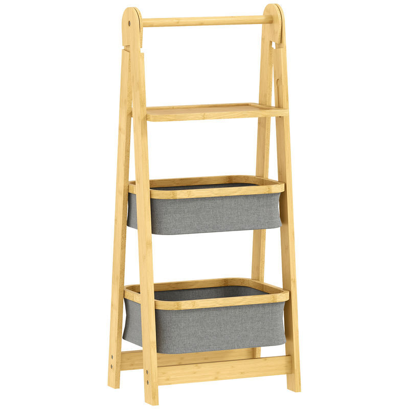 Homcom estantería para baño plegable de bambú, estante de baño con 2 cestos para ropa sucia, estante abierto, para dormitorio, lavadero, gris