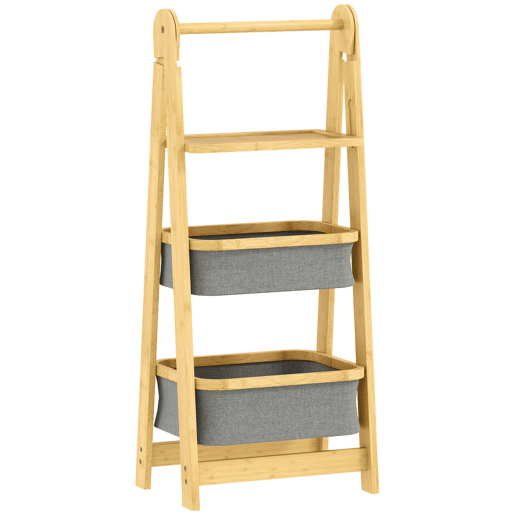 HOMCOM Estante Dobrável para Casa de Banho de Bambu Estante de Casa de Banho com 2 Cestos para Roupa Suja Estante Aberto para Quarto Lavandaria 44,5x32x99 cm Cinzento