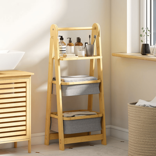 HOMCOM Estante Dobrável para Casa de Banho de Bambu Estante de Casa de Banho com 2 Cestos para Roupa Suja Estante Aberto para Quarto Lavandaria 44,5x32x99 cm Cinzento