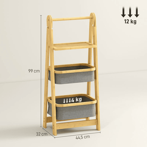 HOMCOM Estante Dobrável para Casa de Banho de Bambu Estante de Casa de Banho com 2 Cestos para Roupa Suja Estante Aberto para Quarto Lavandaria 44,5x32x99 cm Cinzento