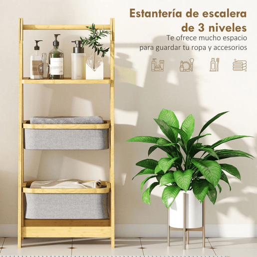 HOMCOM Estante Dobrável para Casa de Banho de Bambu Estante de Casa de Banho com 2 Cestos para Roupa Suja Estante Aberto para Quarto Lavandaria 44,5x32x99 cm Cinzento
