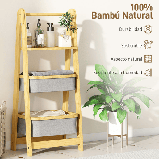 HOMCOM Estante Dobrável para Casa de Banho de Bambu Estante de Casa de Banho com 2 Cestos para Roupa Suja Estante Aberto para Quarto Lavandaria 44,5x32x99 cm Cinzento