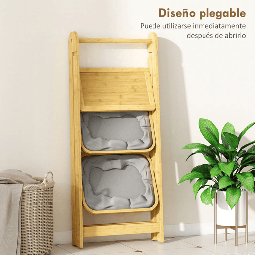 HOMCOM Estante Dobrável para Casa de Banho de Bambu Estante de Casa de Banho com 2 Cestos para Roupa Suja Estante Aberto para Quarto Lavandaria 44,5x32x99 cm Cinzento