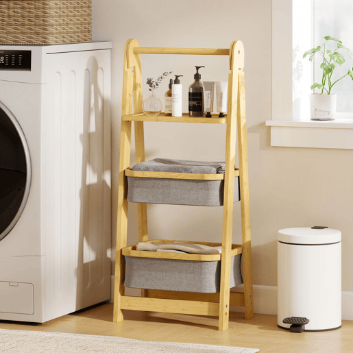 HOMCOM Estante Dobrável para Casa de Banho de Bambu Estante de Casa de Banho com 2 Cestos para Roupa Suja Estante Aberto para Quarto Lavandaria 44,5x32x99 cm Cinzento