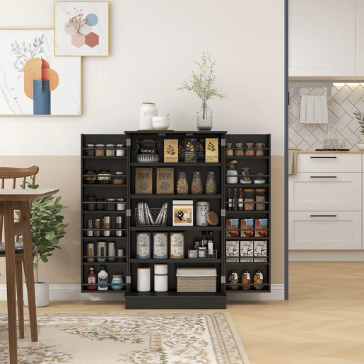 HOMCOM Armário de Cozinha, Armário Despensa de Cozinha com 2 Portas, 16 Prateleiras, Estilo Moderno com Prateleiras Ajustáveis, para Sala de Jantar, Sala de Estar, 60x30x104 cm, Preto