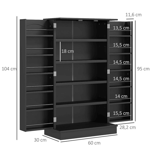 HOMCOM Armário de Cozinha, Armário Despensa de Cozinha com 2 Portas, 16 Prateleiras, Estilo Moderno com Prateleiras Ajustáveis, para Sala de Jantar, Sala de Estar, 60x30x104 cm, Preto