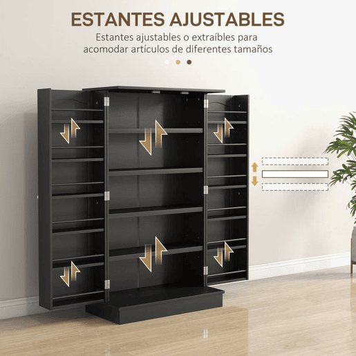 HOMCOM Armário de Cozinha, Armário Despensa de Cozinha com 2 Portas, 16 Prateleiras, Estilo Moderno com Prateleiras Ajustáveis, para Sala de Jantar, Sala de Estar, 60x30x104 cm, Preto