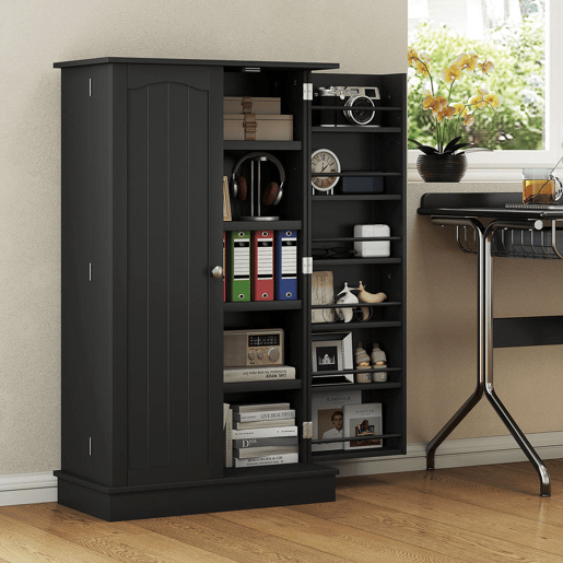 HOMCOM Armário de Cozinha, Armário Despensa de Cozinha com 2 Portas, 16 Prateleiras, Estilo Moderno com Prateleiras Ajustáveis, para Sala de Jantar, Sala de Estar, 60x30x104 cm, Preto