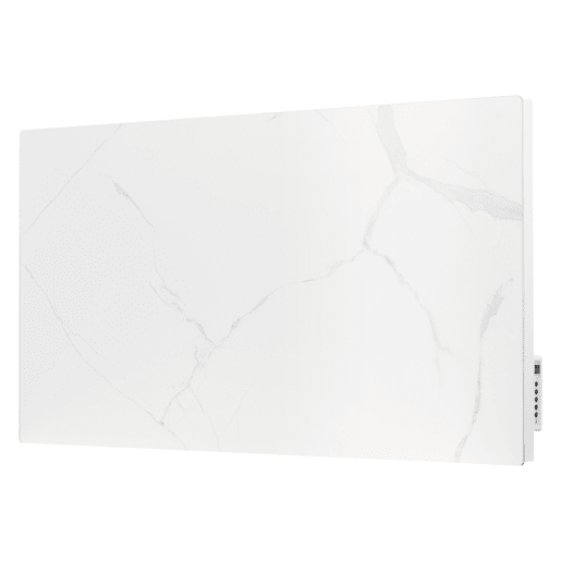 Emissor térmico com painel frontal em imitação de mármore de pedra sinterizada. Duplo sistema de emissão de calor por convecção e radiação. Inércia térmica graças à placa cerâmica frontal que acumula calor. Elemento de aquecimento em nano carbono. C
