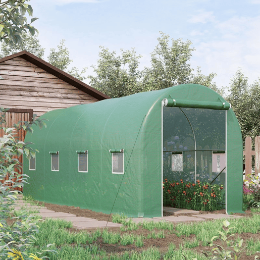 Outsunny Estufa tipo Túnel 500x200x205 cm Estufa de Jardim com Porta Enrolável e 8 Janelas Cobertura de PE 140 gm² Estrutura de Metal para Cultivo de Plantas Verduras Verde