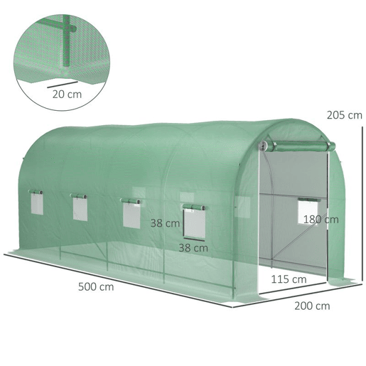 Outsunny Estufa tipo Túnel 500x200x205 cm Estufa de Jardim com Porta Enrolável e 8 Janelas Cobertura de PE 140 gm² Estrutura de Metal para Cultivo de Plantas Verduras Verde