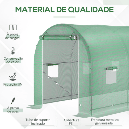 Outsunny Estufa tipo Túnel 500x200x205 cm Estufa de Jardim com Porta Enrolável e 8 Janelas Cobertura de PE 140 gm² Estrutura de Metal para Cultivo de Plantas Verduras Verde