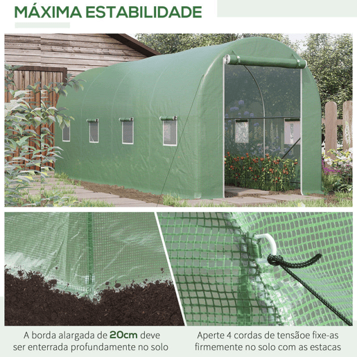 Outsunny Estufa tipo Túnel 500x200x205 cm Estufa de Jardim com Porta Enrolável e 8 Janelas Cobertura de PE 140 gm² Estrutura de Metal para Cultivo de Plantas Verduras Verde