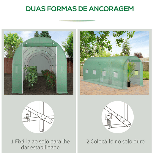 Outsunny Estufa tipo Túnel 500x200x205 cm Estufa de Jardim com Porta Enrolável e 8 Janelas Cobertura de PE 140 gm² Estrutura de Metal para Cultivo de Plantas Verduras Verde