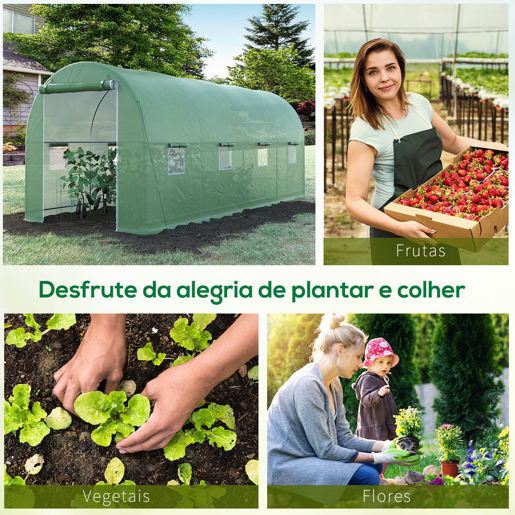 Outsunny Estufa tipo Túnel 500x200x205 cm Estufa de Jardim com Porta Enrolável e 8 Janelas Cobertura de PE 140 gm² Estrutura de Metal para Cultivo de Plantas Verduras Verde