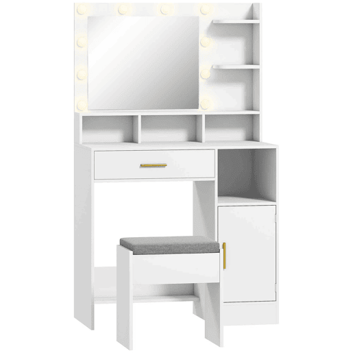 HOMCOM Toucador de Maquilhagem com Luzes LED e Banco Toucador com Espelho 10 Lâmpadas LED Gaveta Prateleiras Compartimentos Abertos para Quarto Closet Branco