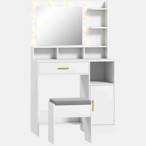 HOMCOM Toucador de Maquilhagem com Luzes LED e Banco Toucador com Espelho 10 Lâmpadas LED Gaveta Prateleiras Compartimentos Abertos para Quarto Closet Branco