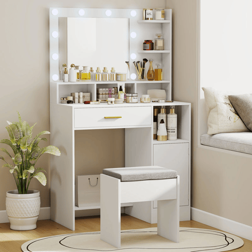 HOMCOM Toucador de Maquilhagem com Luzes LED e Banco Toucador com Espelho 10 Lâmpadas LED Gaveta Prateleiras Compartimentos Abertos para Quarto Closet Branco