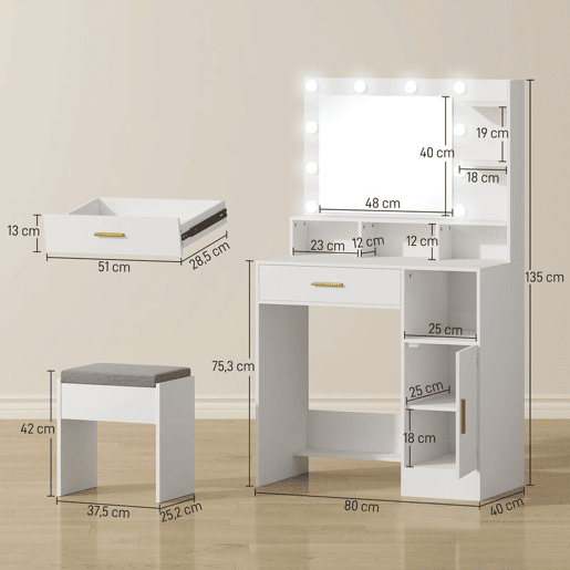 HOMCOM Toucador de Maquilhagem com Luzes LED e Banco Toucador com Espelho 10 Lâmpadas LED Gaveta Prateleiras Compartimentos Abertos para Quarto Closet Branco