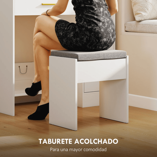 HOMCOM Toucador de Maquilhagem com Luzes LED e Banco Toucador com Espelho 10 Lâmpadas LED Gaveta Prateleiras Compartimentos Abertos para Quarto Closet Branco