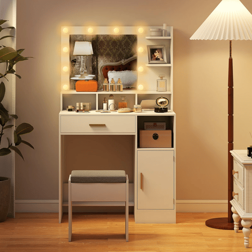 HOMCOM Toucador de Maquilhagem com Luzes LED e Banco Toucador com Espelho 10 Lâmpadas LED Gaveta Prateleiras Compartimentos Abertos para Quarto Closet Branco