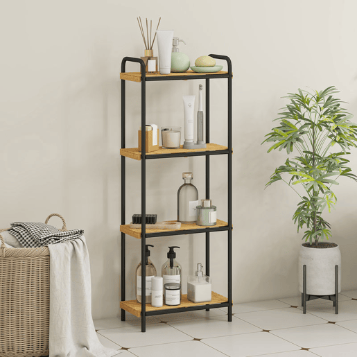HOMCOM Estante de Casa de Banho de Bambu de 3 Níveis Estante de Armazenamento com 3 Prateleiras Abertas Desenho de Ripas e Estrutura de Aço para Cozinha Casa de Banho 41,5x21,5x106 cm Madeira e Preto