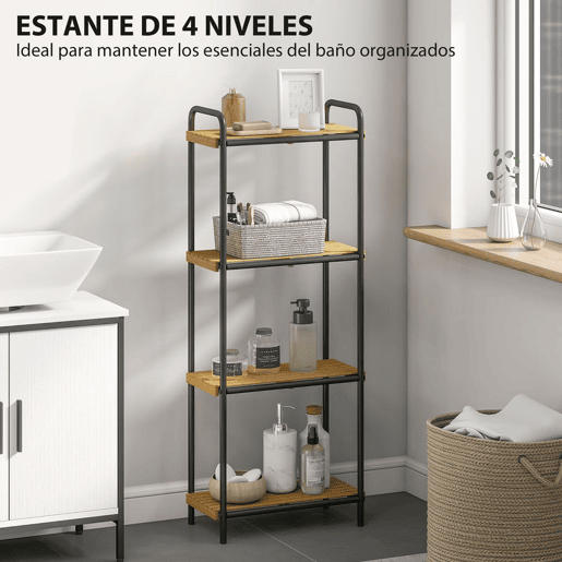 HOMCOM Estante de Casa de Banho de Bambu de 3 Níveis Estante de Armazenamento com 3 Prateleiras Abertas Desenho de Ripas e Estrutura de Aço para Cozinha Casa de Banho 41,5x21,5x106 cm Madeira e Preto