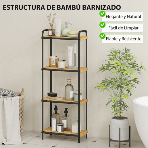 HOMCOM Estante de Casa de Banho de Bambu de 3 Níveis Estante de Armazenamento com 3 Prateleiras Abertas Desenho de Ripas e Estrutura de Aço para Cozinha Casa de Banho 41,5x21,5x106 cm Madeira e Preto
