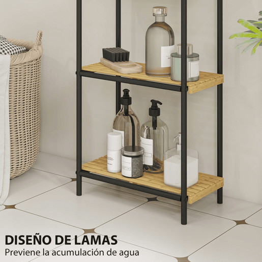 HOMCOM Estante de Casa de Banho de Bambu de 3 Níveis Estante de Armazenamento com 3 Prateleiras Abertas Desenho de Ripas e Estrutura de Aço para Cozinha Casa de Banho 41,5x21,5x106 cm Madeira e Preto