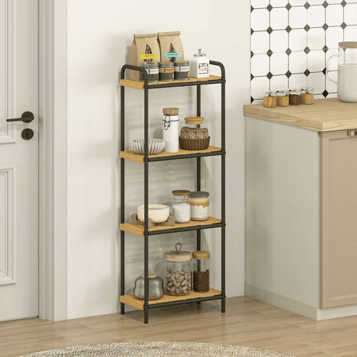 HOMCOM Estante de Casa de Banho de Bambu de 3 Níveis Estante de Armazenamento com 3 Prateleiras Abertas Desenho de Ripas e Estrutura de Aço para Cozinha Casa de Banho 41,5x21,5x106 cm Madeira e Preto