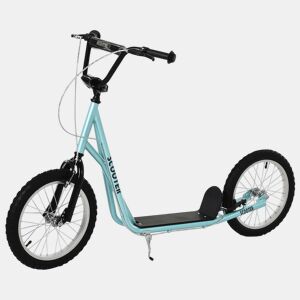 HOMCOM Trotinete para Crianças acima de 5 Anos e Adolescentes com Guiador Ajustável em Altura 2 Pneus de Borracha Insufláveis com Travagem Dupla e Rodas 16 Carga 100 kg 139x58x90-96 cm Azul