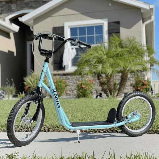 HOMCOM Trotinete para Crianças acima de 5 Anos e Adolescentes com Guiador Ajustável em Altura 2 Pneus de Borracha Insufláveis com Travagem Dupla e Rodas 16 Carga 100 kg 139x58x90-96 cm Azul