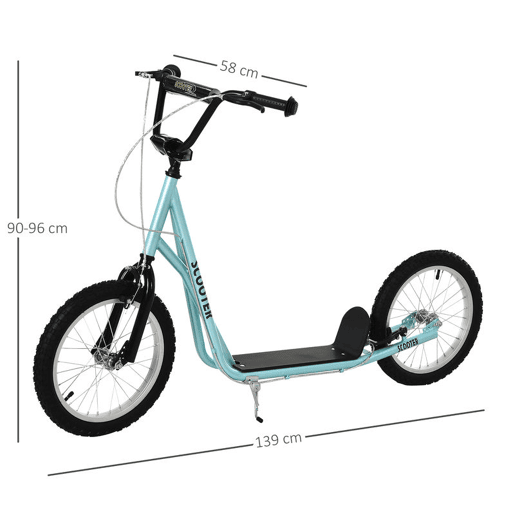 HOMCOM Trotinete para Crianças acima de 5 Anos e Adolescentes com Guiador Ajustável em Altura 2 Pneus de Borracha Insufláveis com Travagem Dupla e Rodas 16 Carga 100 kg 139x58x90-96 cm Azul