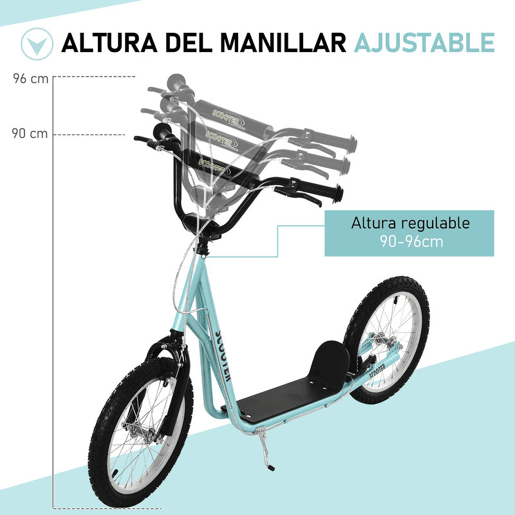 HOMCOM Trotinete para Crianças acima de 5 Anos e Adolescentes com Guiador Ajustável em Altura 2 Pneus de Borracha Insufláveis com Travagem Dupla e Rodas 16 Carga 100 kg 139x58x90-96 cm Azul