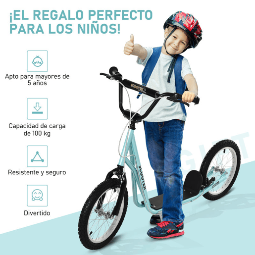 HOMCOM Trotinete para Crianças acima de 5 Anos e Adolescentes com Guiador Ajustável em Altura 2 Pneus de Borracha Insufláveis com Travagem Dupla e Rodas 16 Carga 100 kg 139x58x90-96 cm Azul