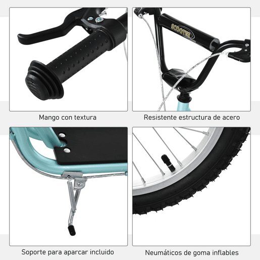 HOMCOM Trotinete para Crianças acima de 5 Anos e Adolescentes com Guiador Ajustável em Altura 2 Pneus de Borracha Insufláveis com Travagem Dupla e Rodas 16 Carga 100 kg 139x58x90-96 cm Azul