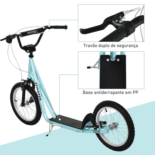HOMCOM Trotinete para Crianças acima de 5 Anos e Adolescentes com Guiador Ajustável em Altura 2 Pneus de Borracha Insufláveis com Travagem Dupla e Rodas 16 Carga 100 kg 139x58x90-96 cm Azul