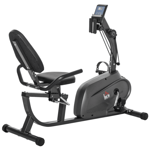 HOMCOM Bicicleta Estática com Encosto 8 Níveis de Resistência Bicicleta Estática Reclinada com Banco Ajustável Ecrã LCD e Suporte para Telemóvel para Treinos de Recuperação 121-142x62x101 cm Preto