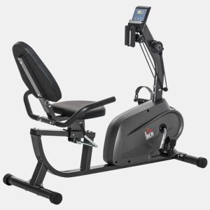 HOMCOM Bicicleta Estática com Encosto 8 Níveis de Resistência Bicicleta Estática Reclinada com Banco Ajustável Ecrã LCD e Suporte para Telemóvel para Treinos de Recuperação 121-142x62x101 cm Preto