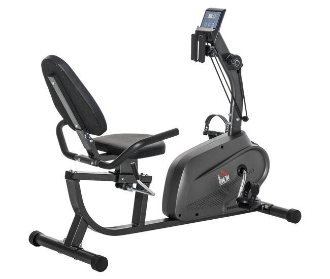 Homcom bicicleta estática con respaldo, 8 niveles resistencia, bicicleta estática reclinadas, con volante, asiento ajustable, pantalla lcd, bandas y soporte teléfono, para entrenamientos recuperación