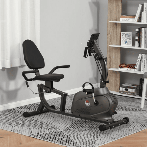 HOMCOM Bicicleta Estática com Encosto 8 Níveis de Resistência Bicicleta Estática Reclinada com Banco Ajustável Ecrã LCD e Suporte para Telemóvel para Treinos de Recuperação 121-142x62x101 cm Preto