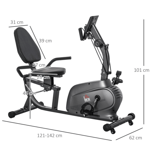 HOMCOM Bicicleta Estática com Encosto 8 Níveis de Resistência Bicicleta Estática Reclinada com Banco Ajustável Ecrã LCD e Suporte para Telemóvel para Treinos de Recuperação 121-142x62x101 cm Preto