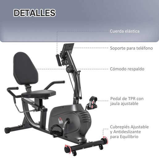 HOMCOM Bicicleta Estática com Encosto 8 Níveis de Resistência Bicicleta Estática Reclinada com Banco Ajustável Ecrã LCD e Suporte para Telemóvel para Treinos de Recuperação 121-142x62x101 cm Preto