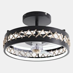 Candeeiro LED para ventoinha de teto com detalhes de acabamento em corda. Controlado por telecomando ou através de App via Bluetooth. Três tipos de luz LED: Fria. Natural ou Quente. Níveis de intensidade luminosa graduados Luz: 52W. Ventoinha: 13W Tempori