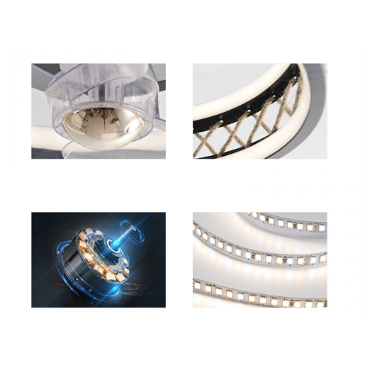 Candeeiro LED para ventoinha de teto com detalhes de acabamento em corda. Controlado por telecomando ou através de App via Bluetooth. Três tipos de luz LED: Fria. Natural ou Quente. Níveis de intensidade luminosa graduados Luz: 52W. Ventoinha: 13W Tempori Candeeiro LED para ventoinha de teto com detalhes de acabamento em corda. Controlado por telecomando ou através de App via Bluetooth. Três tipos de luz LED: Fria. Natural ou Quente. Níveis de intensidade luminosa graduados Luz: 52W. Ventoinha: 13W Tempori