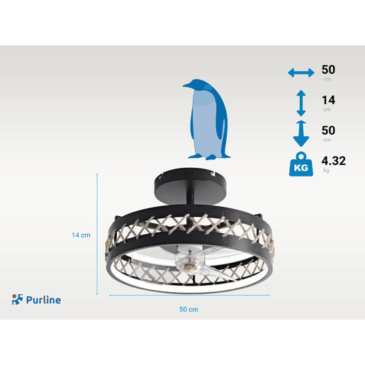Candeeiro LED para ventoinha de teto com detalhes de acabamento em corda. Controlado por telecomando ou através de App via Bluetooth. Três tipos de luz LED: Fria. Natural ou Quente. Níveis de intensidade luminosa graduados Luz: 52W. Ventoinha: 13W Tempori Candeeiro LED para ventoinha de teto com detalhes de acabamento em corda. Controlado por telecomando ou através de App via Bluetooth. Três tipos de luz LED: Fria. Natural ou Quente. Níveis de intensidade luminosa graduados Luz: 52W. Ventoinha: 13W Tempori
