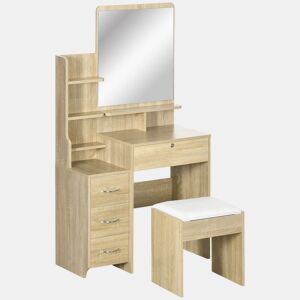 HOMCOM Toucador de Maquilhagem com Banco e Espelho Mesa de Maquilhagem com 4 Gavetas 4 Compartimentos de Armazenamento Estilo Moderno 80x38x143 cm Madeira