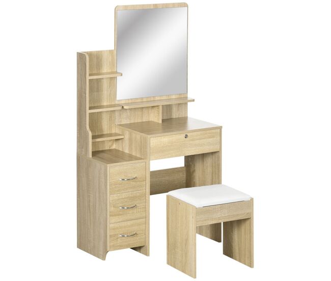 Homcom tocador de maquillaje con taburete, tocador con espejo, 4 cajones, estantes, compartimentos abiertos, estilo moderno, para dormitorio, vestidor, 80x38x143 cm, natural