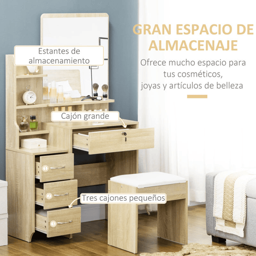 HOMCOM Toucador de Maquilhagem com Banco e Espelho Mesa de Maquilhagem com 4 Gavetas 4 Compartimentos de Armazenamento Estilo Moderno 80x38x143 cm Madeira